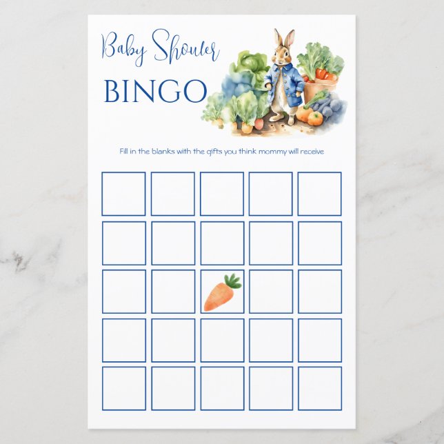 Peter Rabbit Baby Shower bingo game (Front)