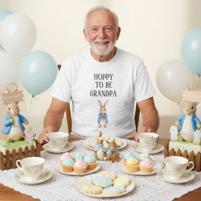 Peter Rabbit Baby Shower Hoppy To Be Grandpa T-Shirt (This playful Peter Rabbit tee makes him part of the baby shower celebration in the sweetest way.)