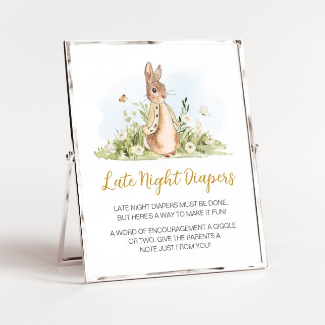 Peter Rabbit Baby Shower Late Night Diapers Poster (Rabbit Gender Neutral Baby Shower Late Night Diapers Sign)