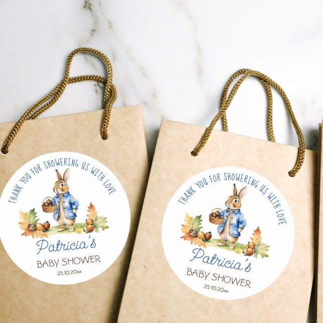 Peter rabbit baby shower thank you favour classic round sticker (Peter rabbit baby shower thank you favor gift stickers cute bunny in a blue jacket with acorn basket)