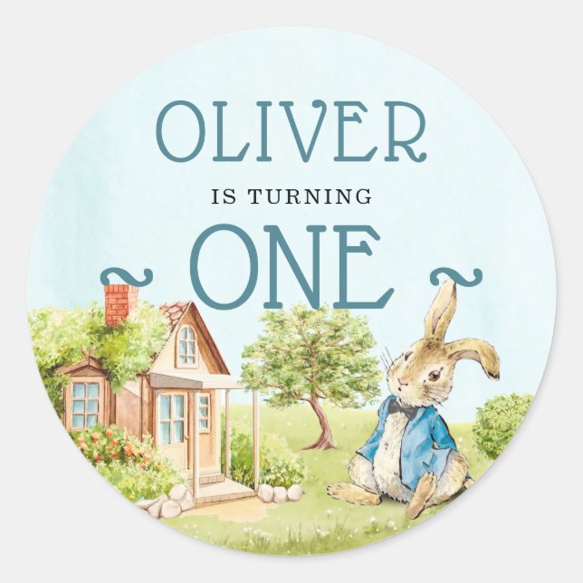 Peter Rabbit Blue Baby's First Birthday Classic Round Sticker (Front)