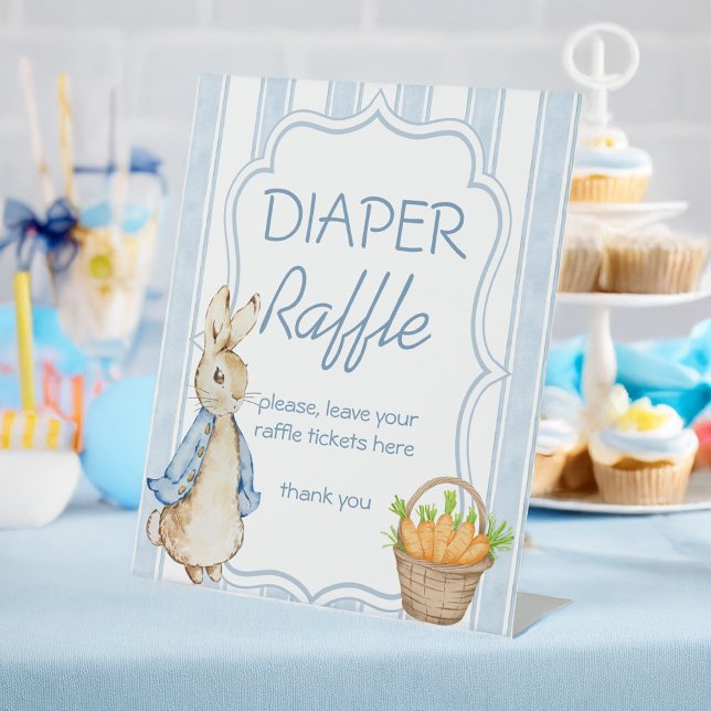 Peter rabbit blue boy baby shower table sign (Peter rabbit blue stripes vintage story book boy baby shower personalized table sign)