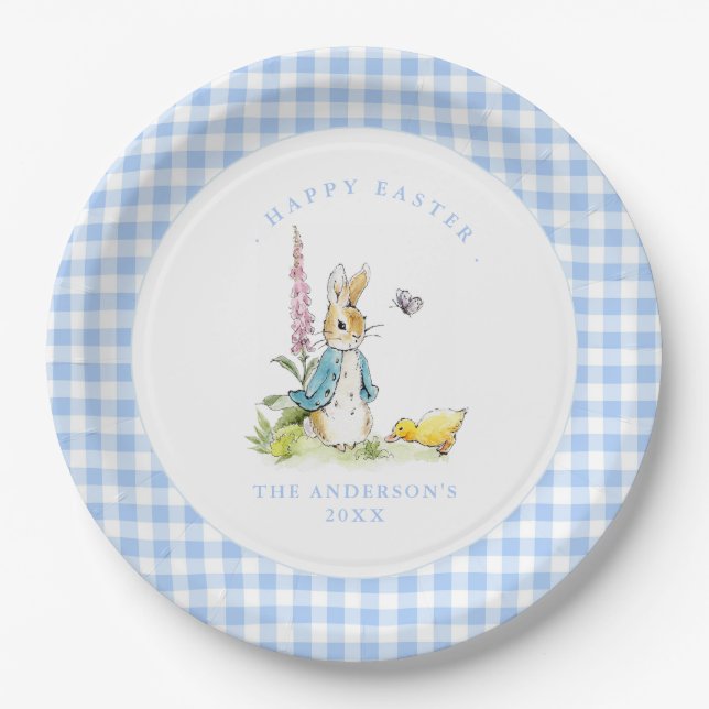 Peter Rabbit Blue Gingham border Easter brunch Paper Plate (Front)