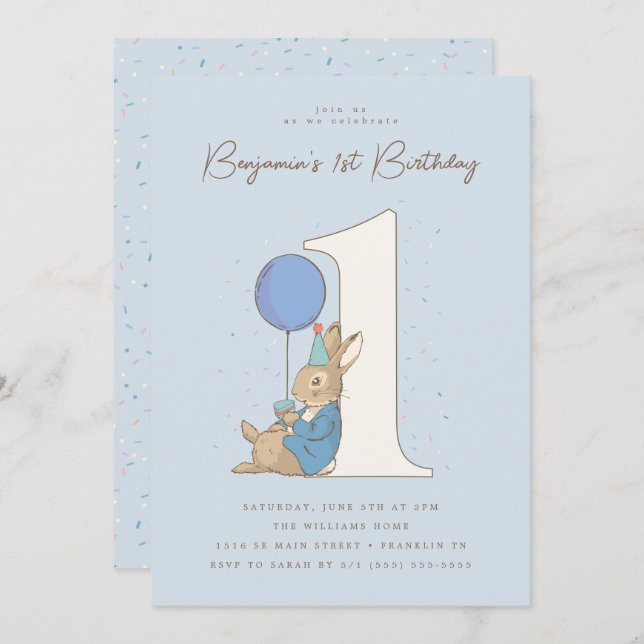 Peter Rabbit | Boy 1st Birthday Blue Confetti Invitation (Front/Back)