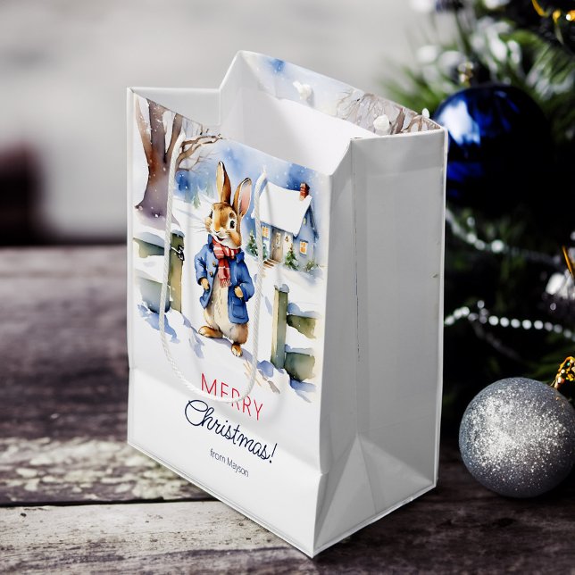 Peter rabbit Christmas personalised template Medium Gift Bag (Peter rabbit Christmas personalized template Medium Gift Bag vintage look snowy cottage cute bunny)