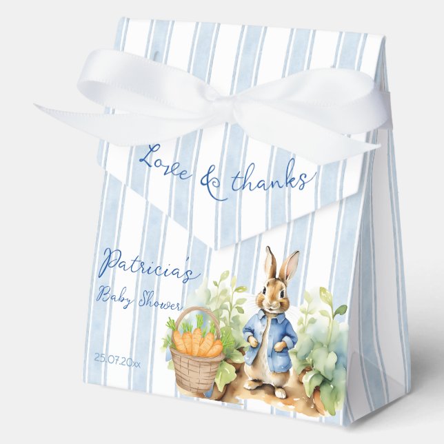 Peter rabbit dusty blue baby shower monogrammed favour box (Front)