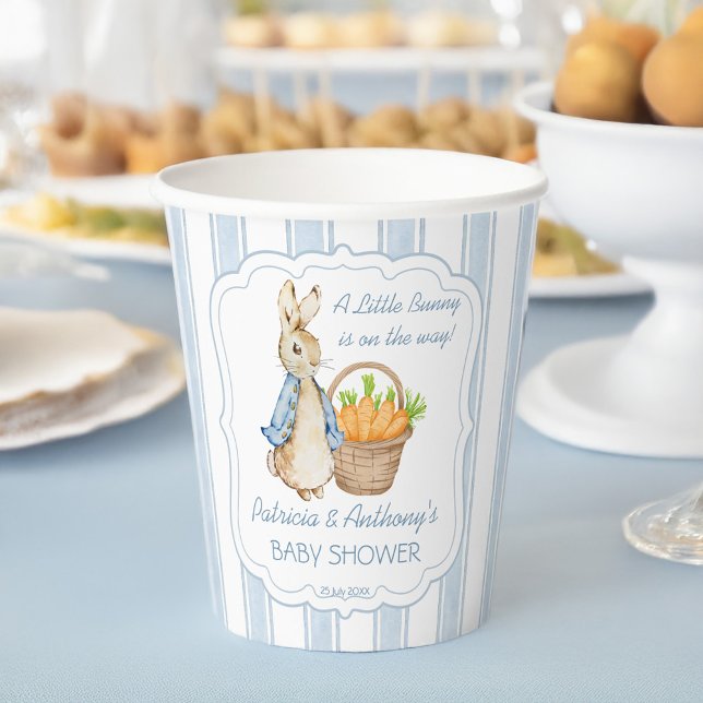 Peter rabbit dusty blue stripes baby shower custom paper cups (Peter rabbit dusty blue stripes baby shower monogrammed  paper cups personalized table decor)