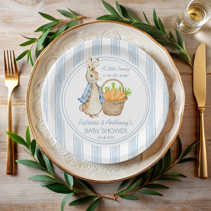 Peter rabbit dusty blue stripes baby shower custom paper plate