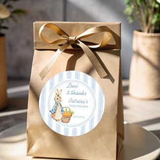 Peter rabbit dusty blue stripes baby shower favour classic round sticker