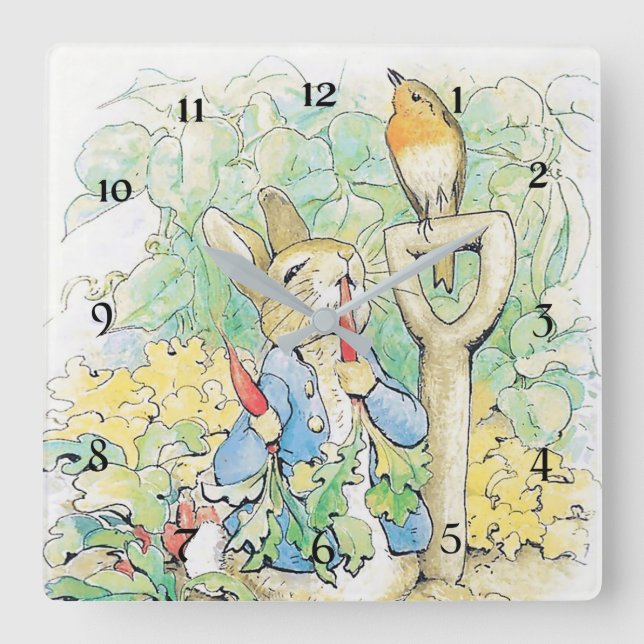 “Peter Rabbit Eats a Carrot” by Beatrix Potter Square Wall Clock (Front)