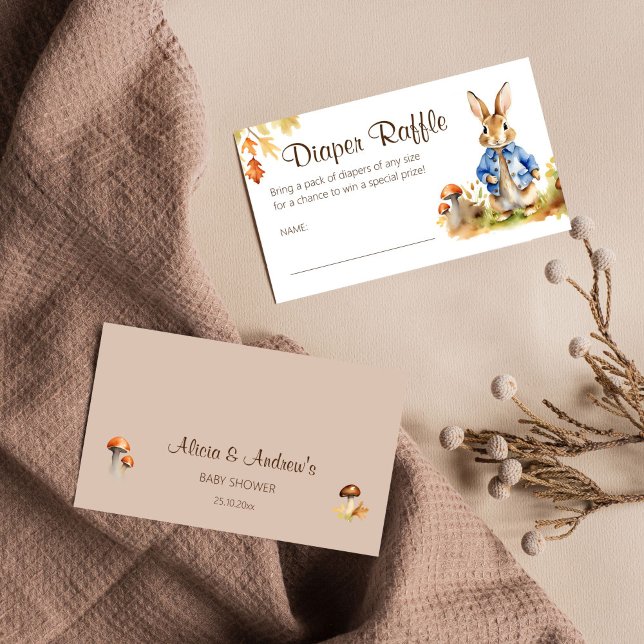 Peter rabbit fall baby shower diaper raffle enclosure card (Peter Rabbit fall themed baby shower diaper raffle card cute bunny mushroom autumn leaves watercolor)