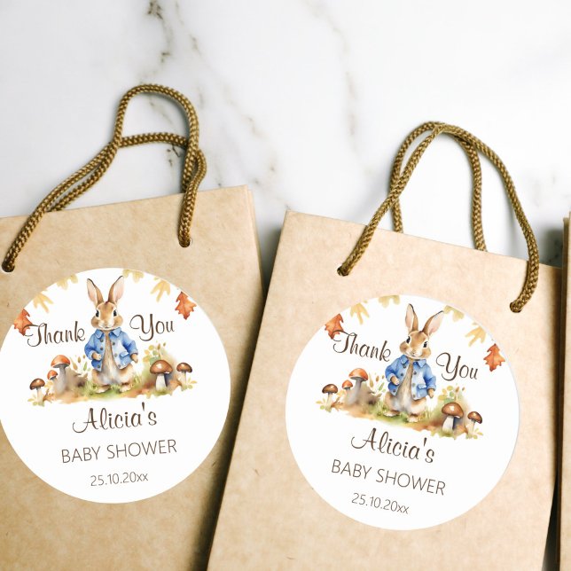 Peter rabbit fall baby shower thank you favour classic round sticker (Peter rabbit baby shower thank you favor gift template stickers cute bunny with a blue jacket fall)