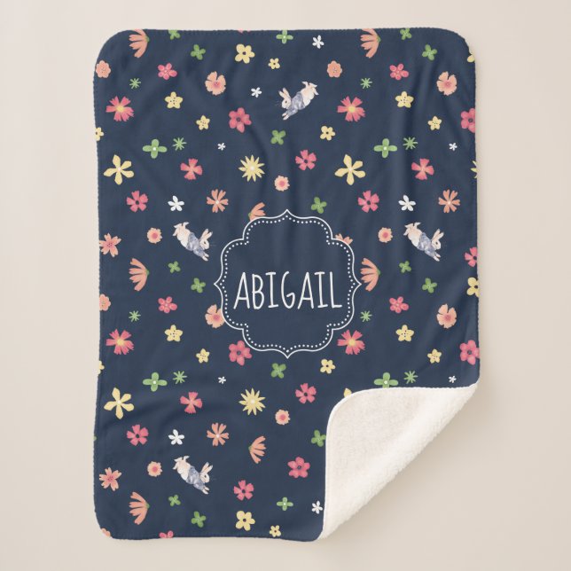 Peter Rabbit | Floral Navy Pattern Sherpa Blanket (Front)