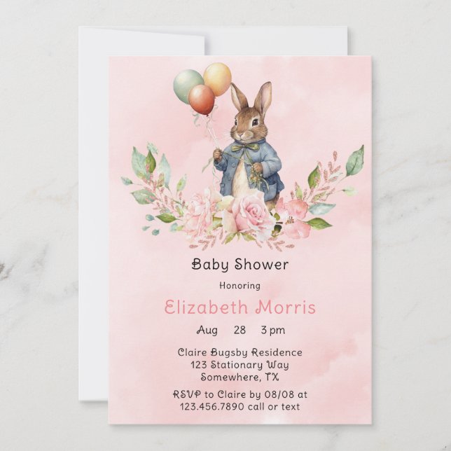 Peter Rabbit Laurel Wreath Girl Baby Shower  Invitation (Front)