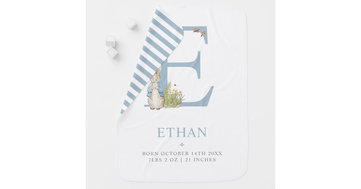 peter rabbit personalised letter e baby blanket zazzlecomau
