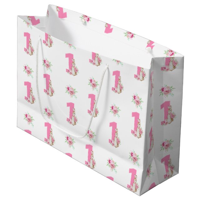 Peter Rabbit | Pink First Birthday Large Gift Bag (Front Angled)