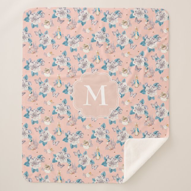 Peter Rabbit | Pink Floral Garden Pattern Sherpa Blanket (Front)