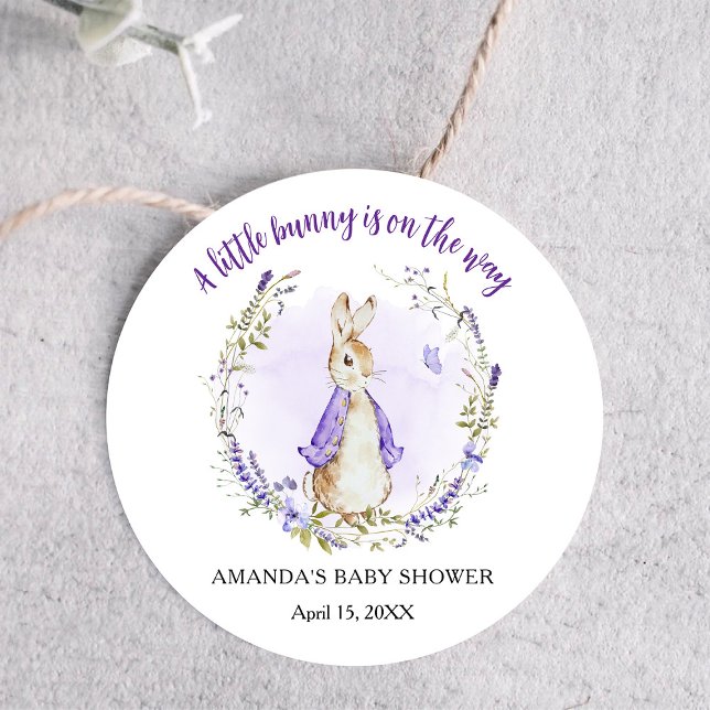Peter Rabbit Purple Baby Shower Classic Round Sticker (Creator Uploaded)