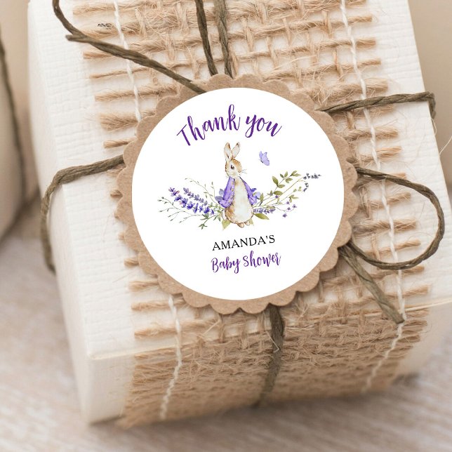 Peter Rabbit Purple Baby Shower Classic Round Sticker (Creator Uploaded)