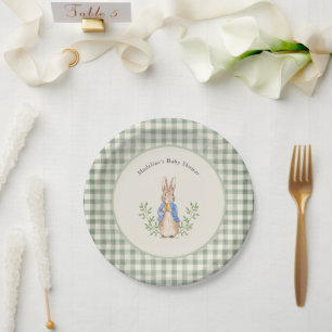 Peter Rabbit Sage Green Gingham Baby Shower Paper Plate