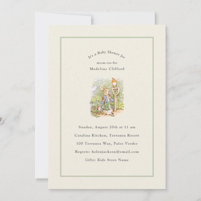 Peter Rabbit Sage Green Vintage Baby Shower Invitation (Front)