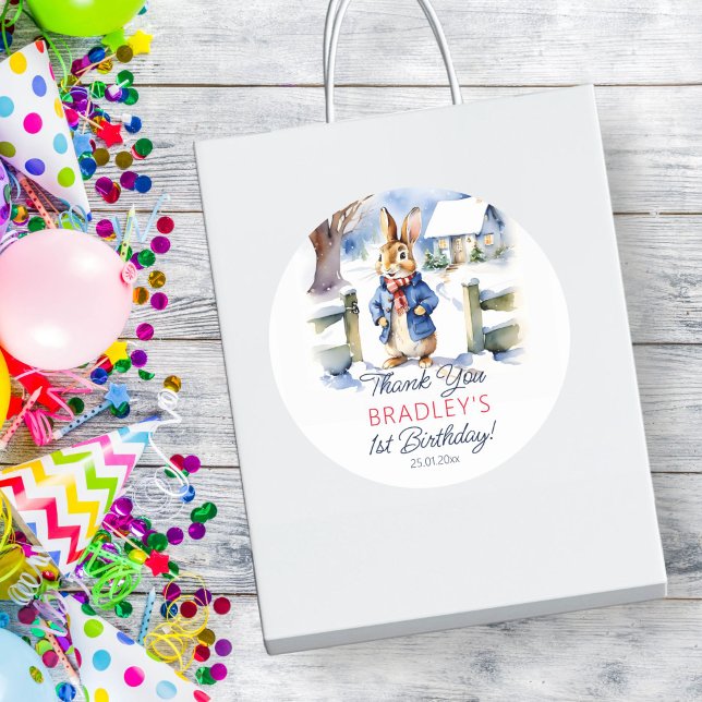 Peter rabbit winter birthday party favour classic round sticker (Peter Rabbit winter themed birthday party favor gift thank you stickers watercolor cute bunny snowy)
