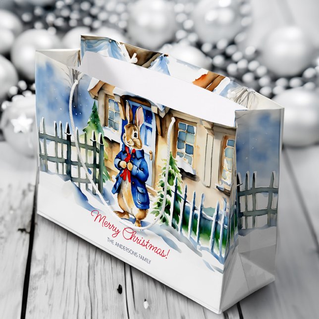 Peter rabbit winter Christmas template Large Gift Bag (Peter rabbit winter Christmas template personalized Large Gift Bag rabbit snowy winter cottage)