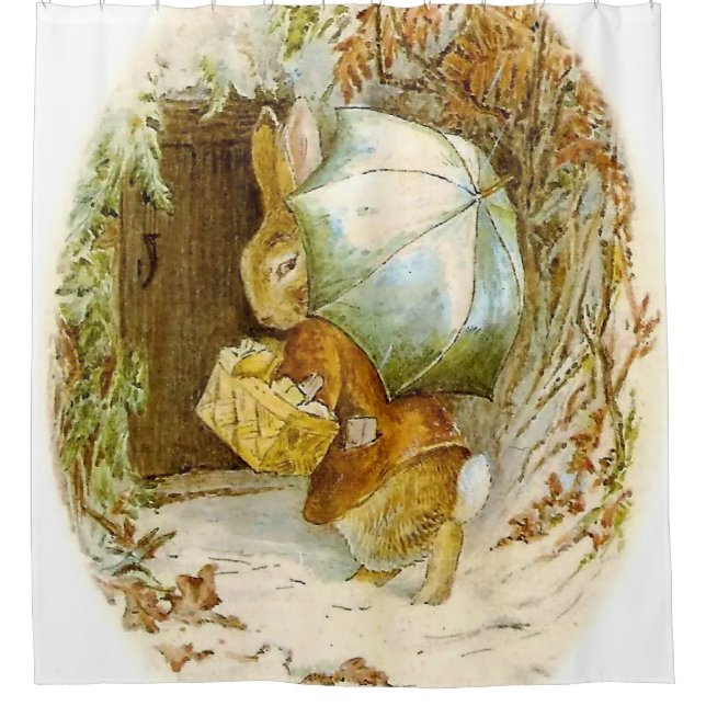“Peter Rabbit with Winter Umbrella” by Beatrix Pot Shower Curtain (Front)