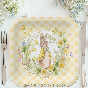 Peter Rabbit Yellow wildflower Gingham Baby Shower Paper Plate