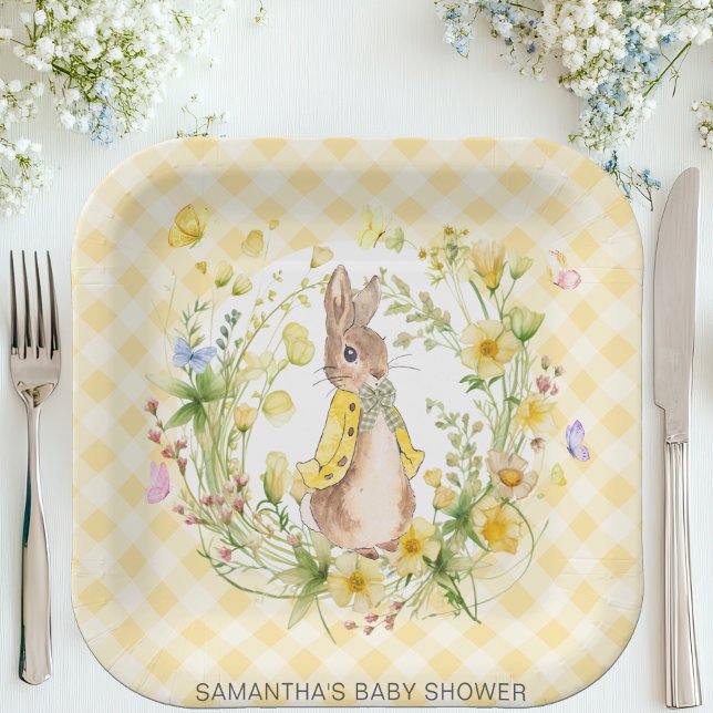 Peter Rabbit Yellow wildflower Gingham Baby Shower Paper Plate (Creator Uploaded)