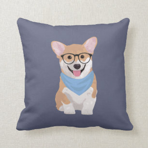 Peter The Cute Hipster Blue Bandanna Corgi Puppy Cushion