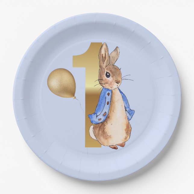 Peter the Rabbit 1st Birthday gold balloon Paper Plate (Front)