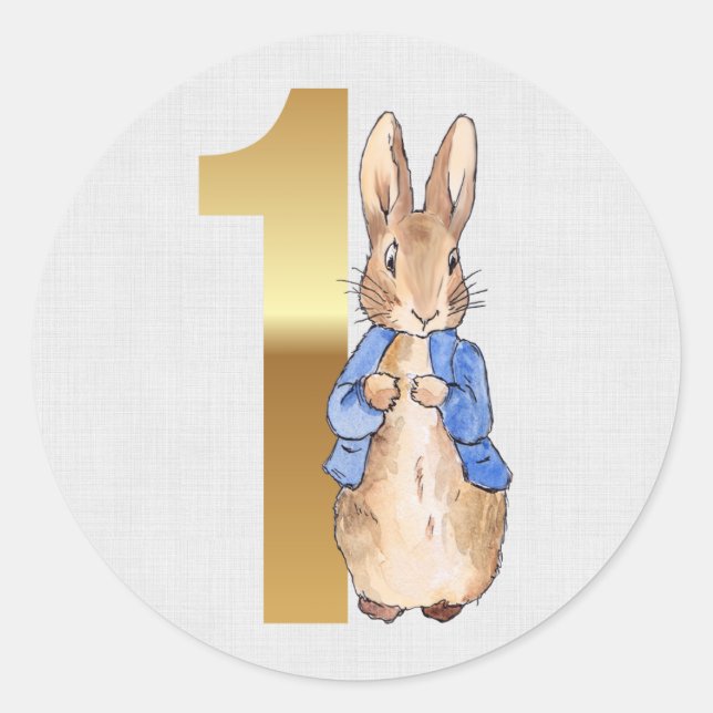 Peter the Rabbit 1st Birthday Grey Linen Texture Classic Round Sticker (Front)