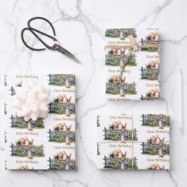 Peter the rabbit 1st birthday  wrapping paper sheet (Front)