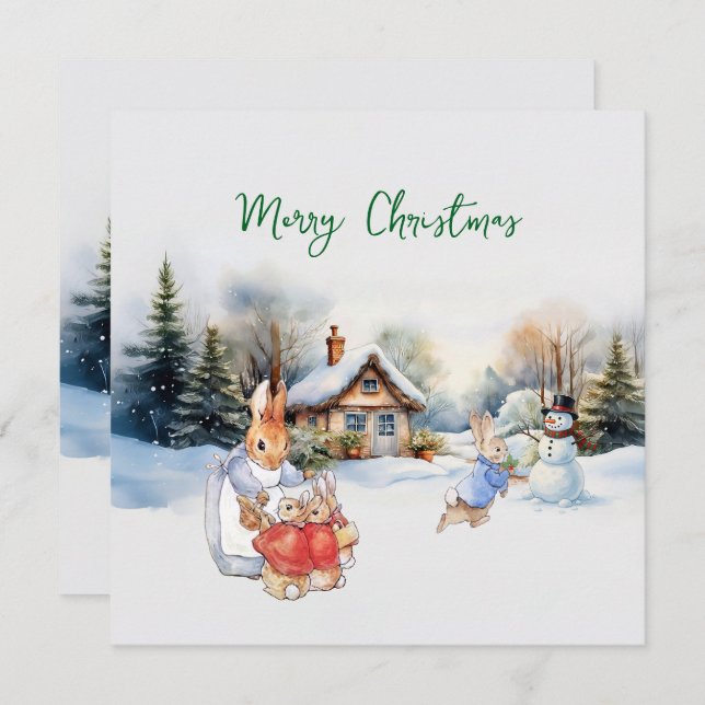 Peter the Rabbit and a Snowman Holiday Card (Front/Back)