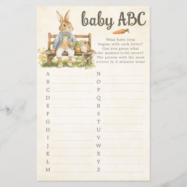 Peter The Rabbit Baby Shower ABC Game Card (Front)
