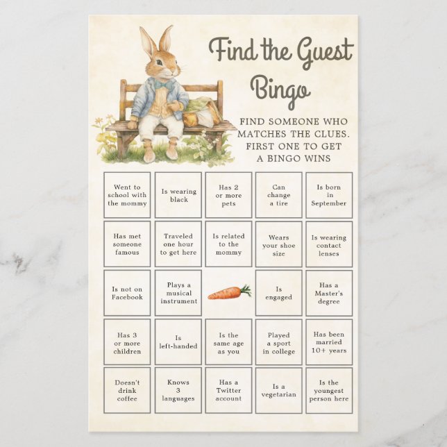 Peter The Rabbit  Baby Shower Find The Guest Bingo (Front)