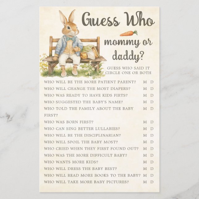Peter The Rabbit Baby Shower Guess Who Game  (Front)