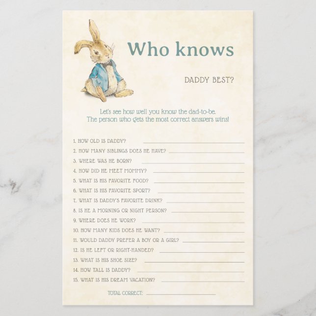 Peter The Rabbit Baby Shower Who Knows Daddy Game (Front)