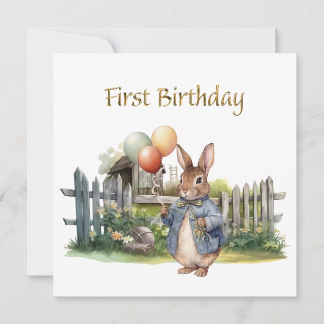 Peter the rabbit balloons First Birthday Card (Front)
