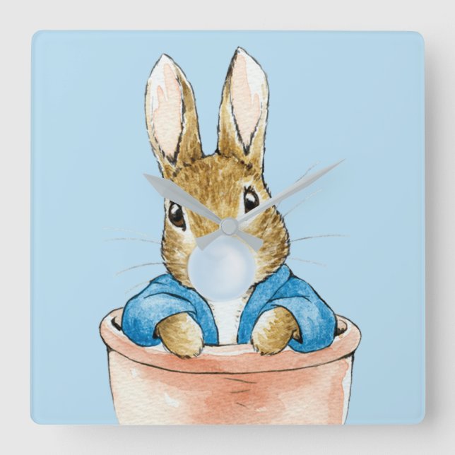 Peter the Rabbit Blowing a Blue Bubble Gum Square Wall Clock (Front)