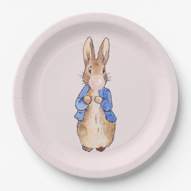 Peter the Rabbit Blowing a Pink Bubble gum     Paper Plate (Front)