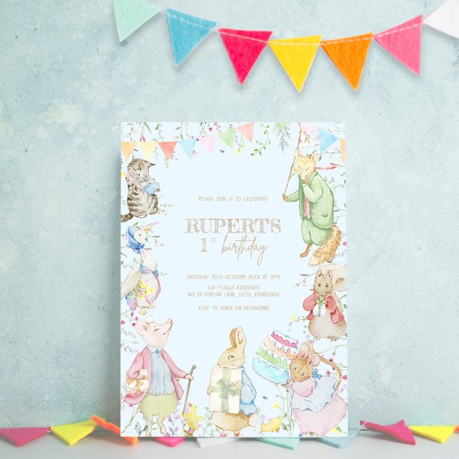 Peter the Rabbit First Blue Birthday Invitation (Creator Uploaded)