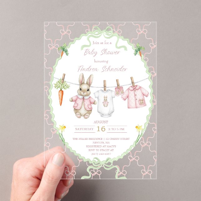 Peter the Rabbit Girl Clothesline Baby Shower  Acrylic Invitations (Insitu (Handheld))