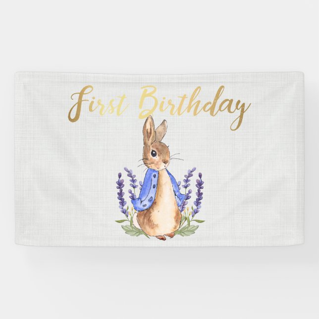 Peter the Rabbit grey linen 1st Birthday Banner (Horizontal)