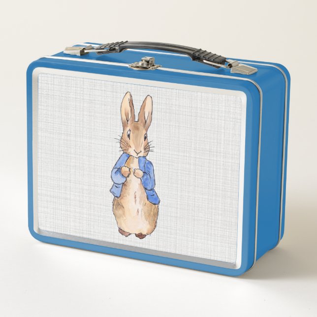 Peter the rabbit grey linen textured background metal lunch box (Front)