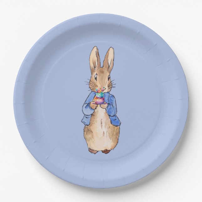 Peter the Rabbit holding a birthday cake Paper Plate (Front)