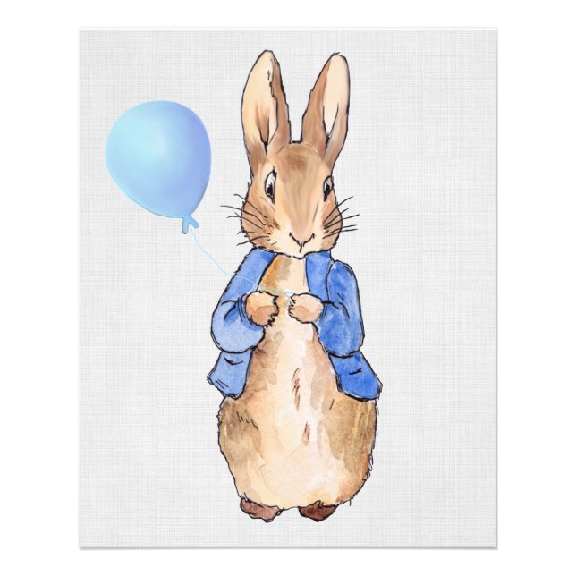 Peter the Rabbit holding blue balloon grey linen Photo Print (Front)