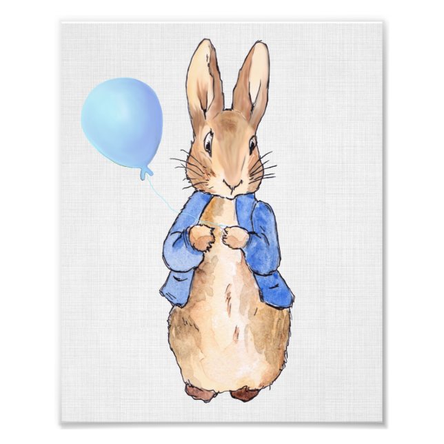 Peter the Rabbit holding blue balloon grey linen Photo Print (Front)