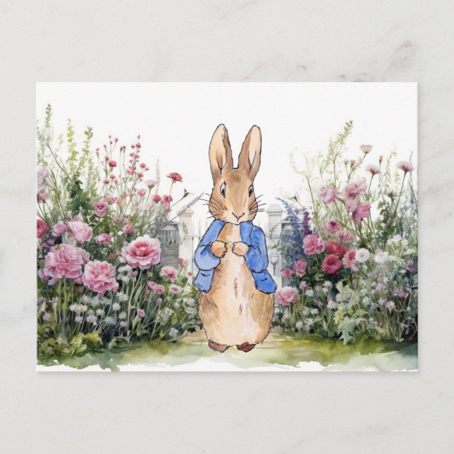 Peter the rabbit in his garden postcard (Front)